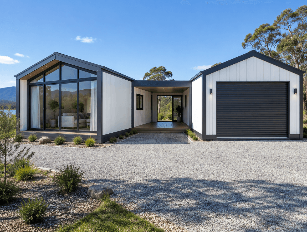 Custom-configured modular cabins joined in an L-shape with a connecting walkway