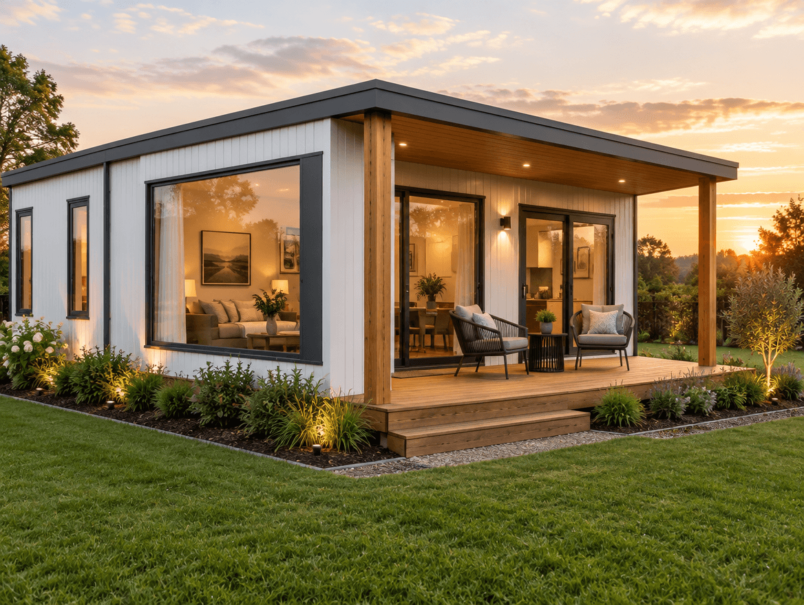 Modular executive guest house with a covered veranda at dusk