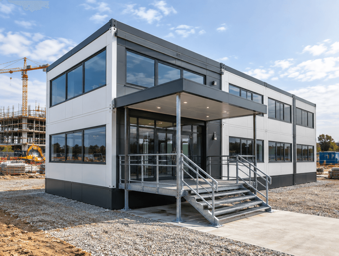 Executive site office built from joined modular units with a covered entrance