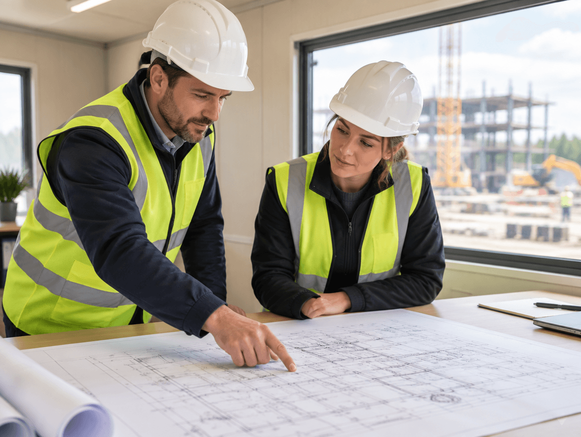 Two engineers reviewing a site drawing inside a modular site office