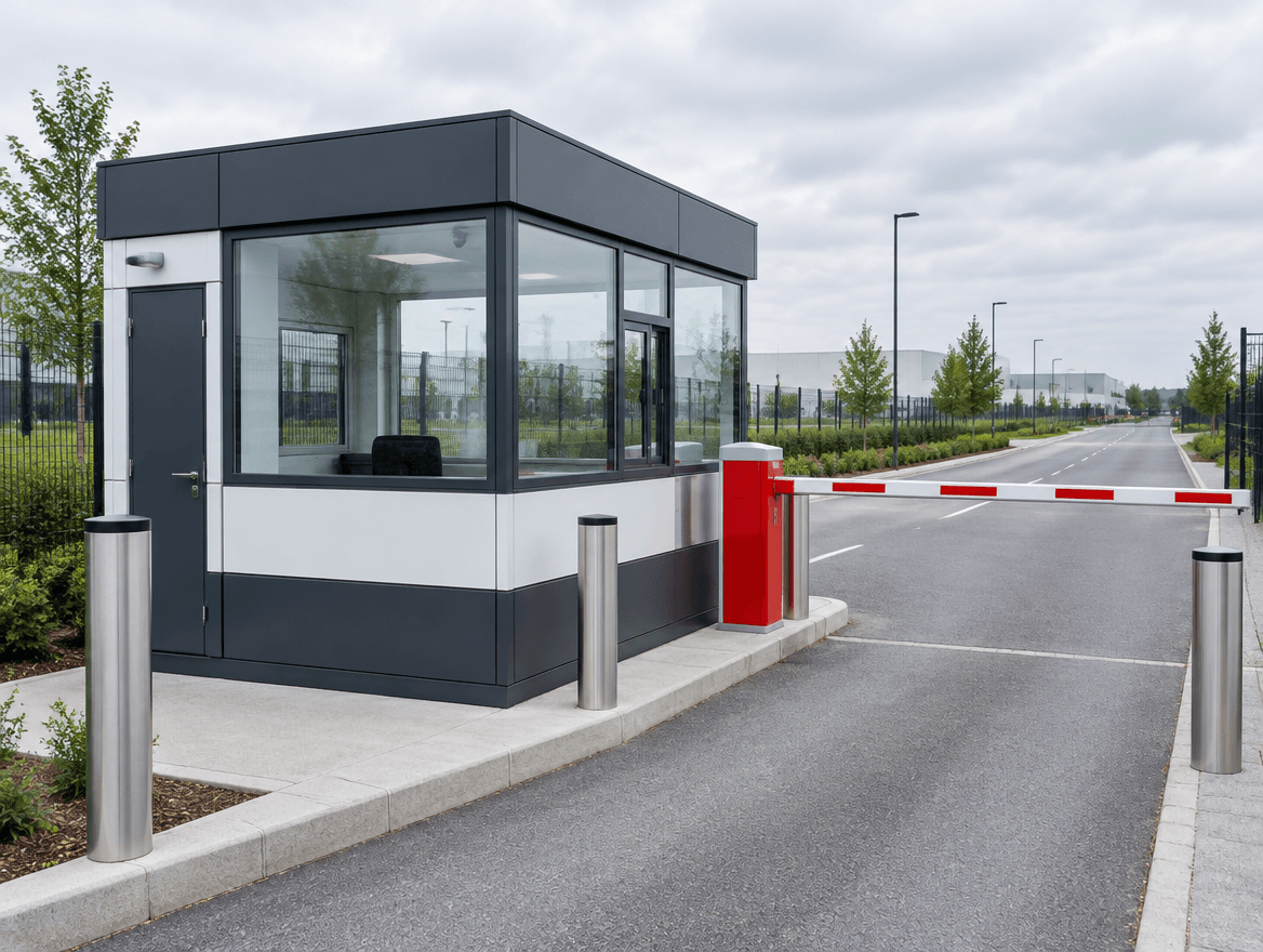 Modular security guard cabin with wraparound glazing beside a boom barrier