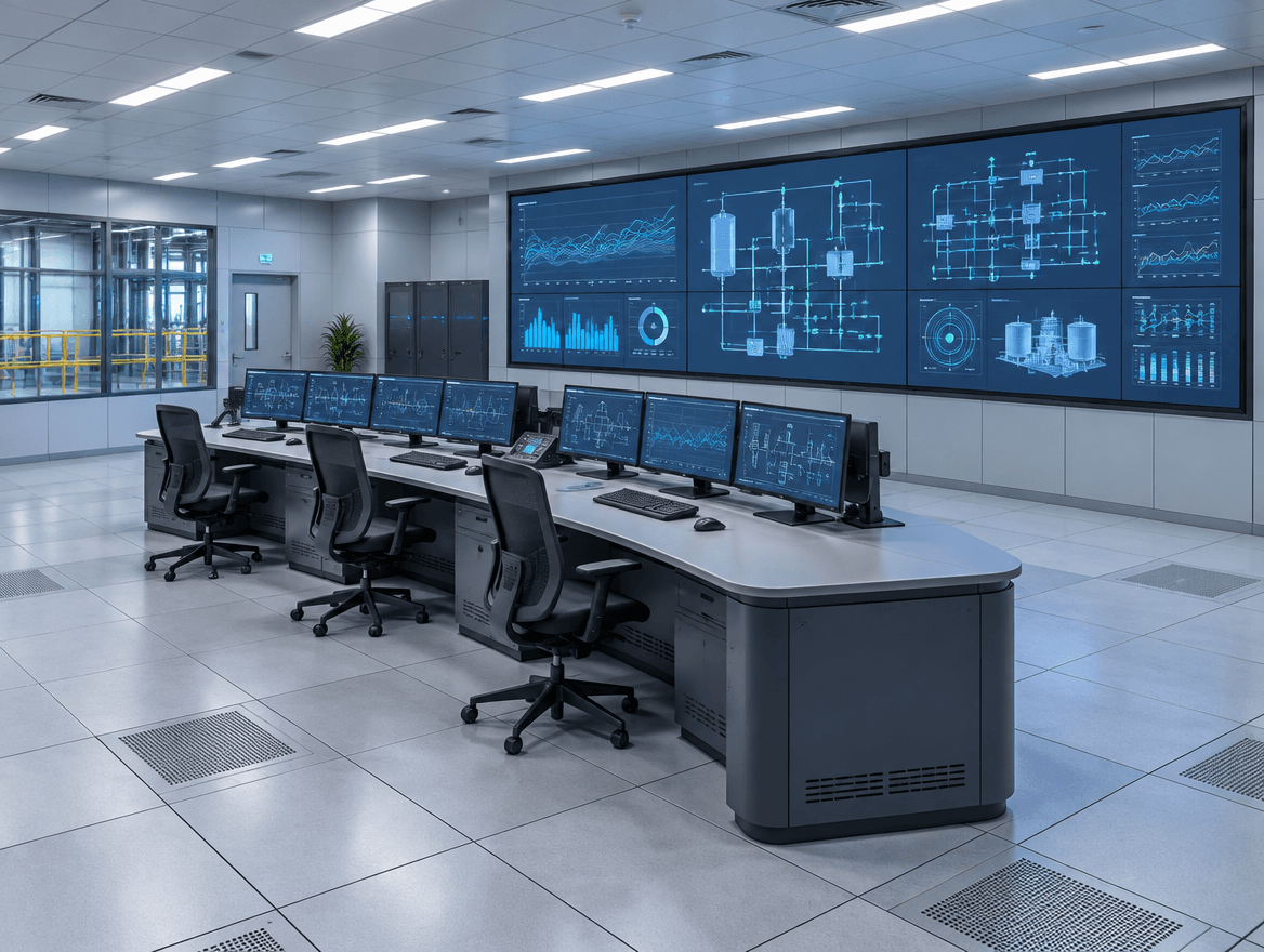 Industrial control room interior with operator consoles facing a screen wall