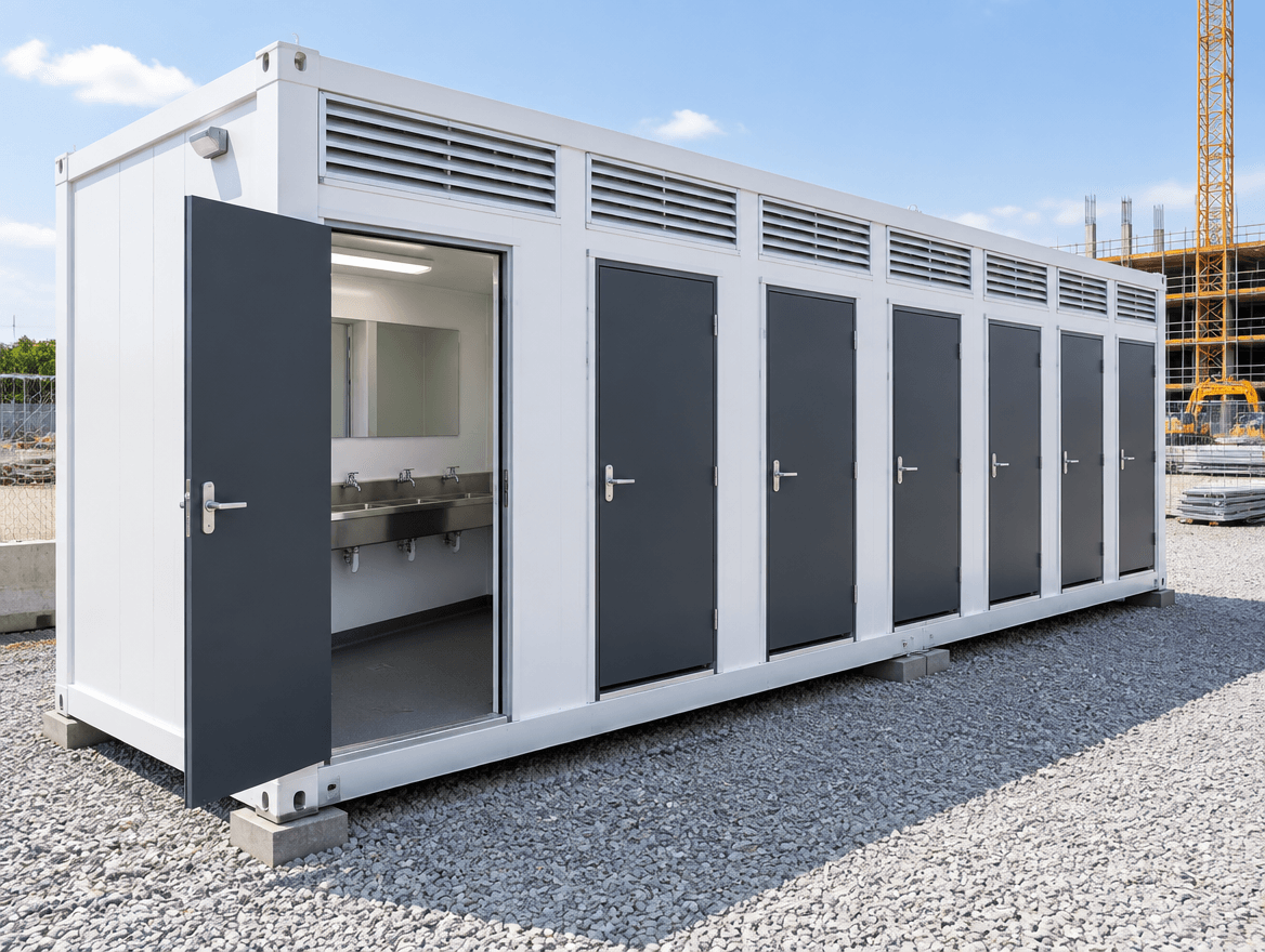 Modular sanitation and ablution block with a row of doors and ventilation louvres