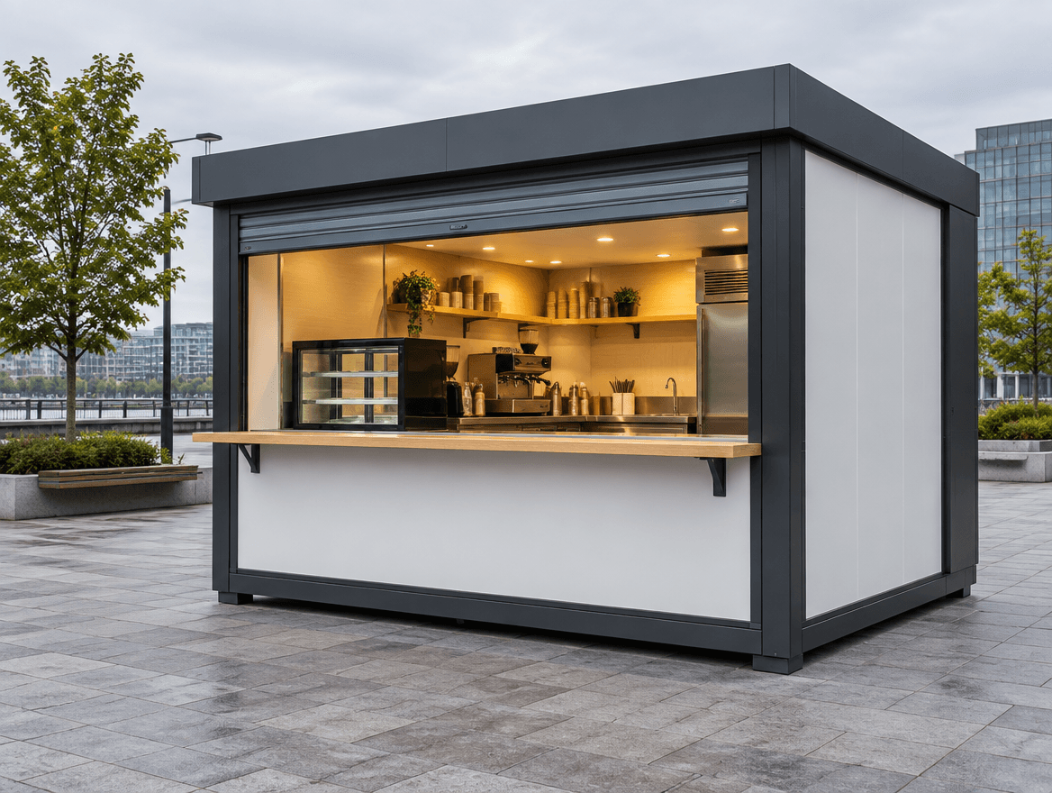 Compact modular retail kiosk with an open serving window on a paved plaza
