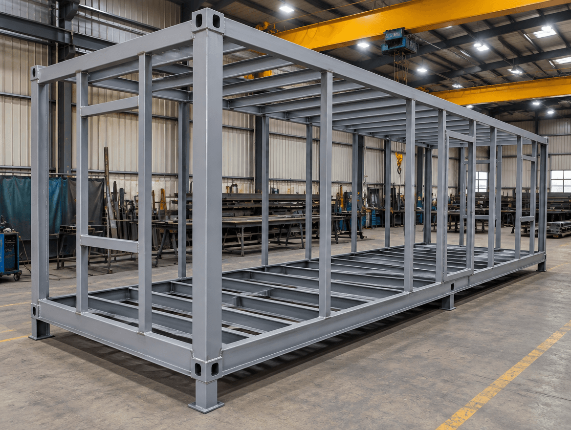 Welded mild steel porta cabin framework in a fabrication workshop
