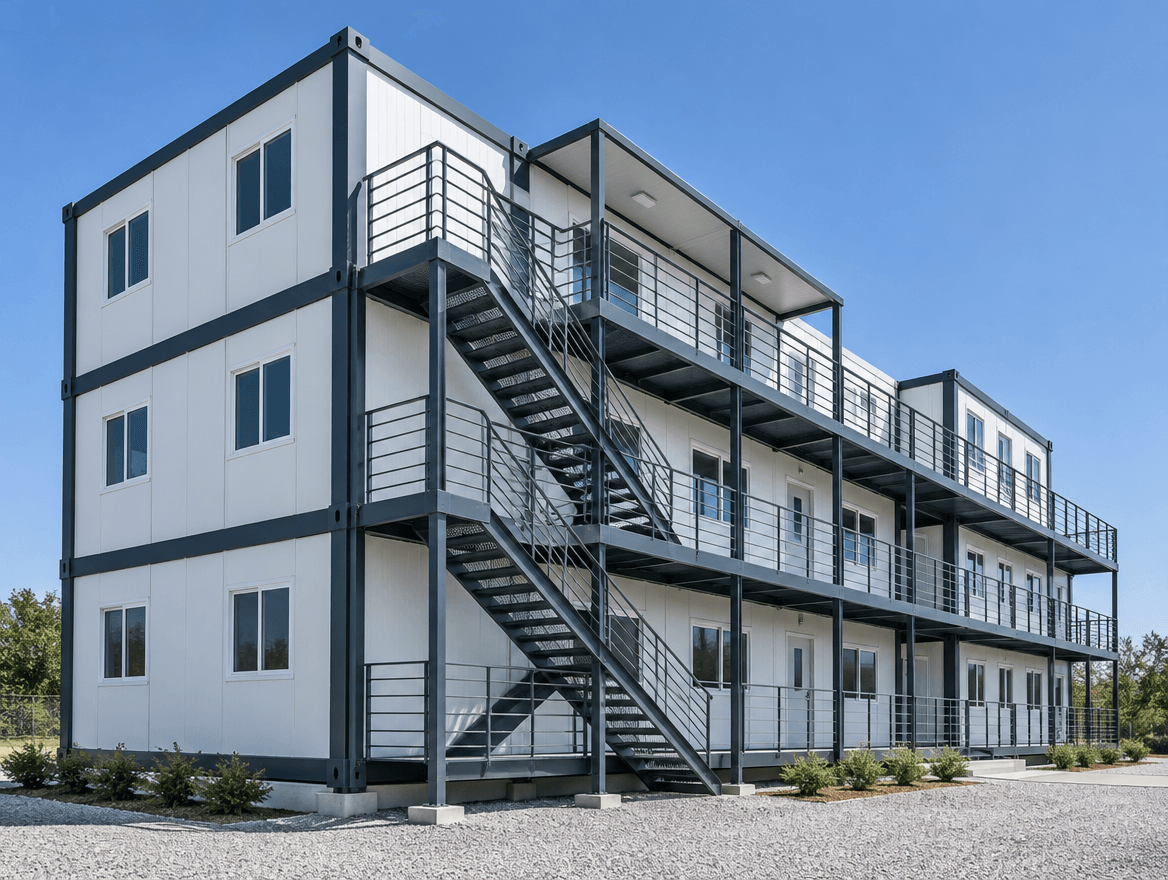 Three-storey modular cabin complex with external staircases and walkways