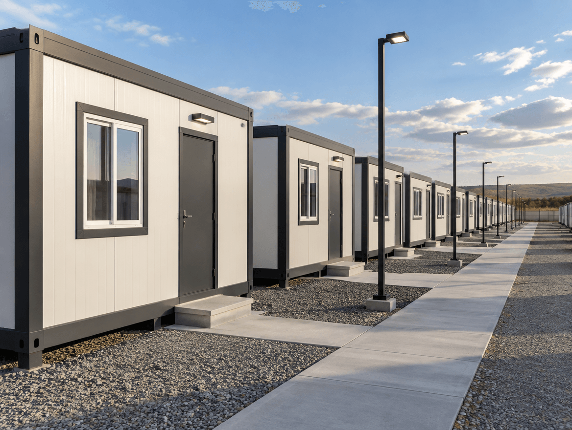 Row of portable labour accommodation blocks on a prepared camp site