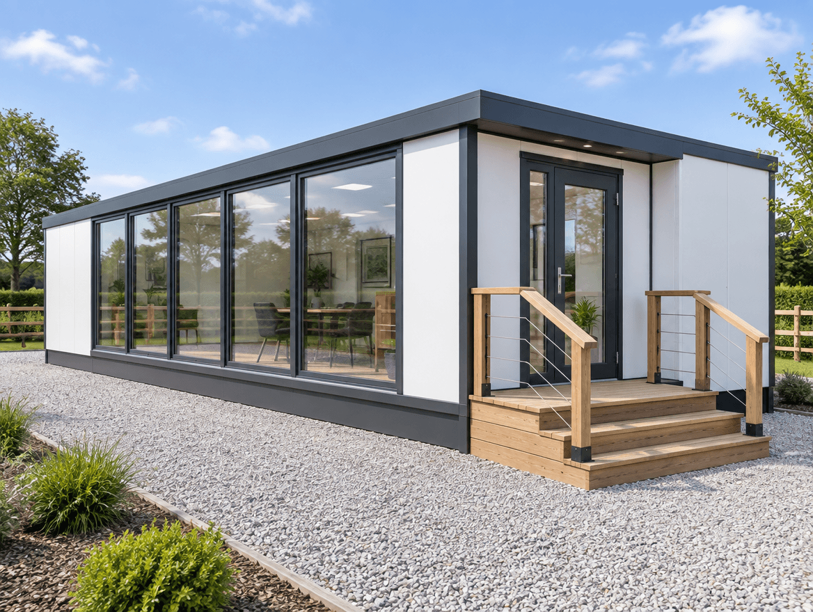Premium modular office cabin with full-height glazing and a timber entrance deck