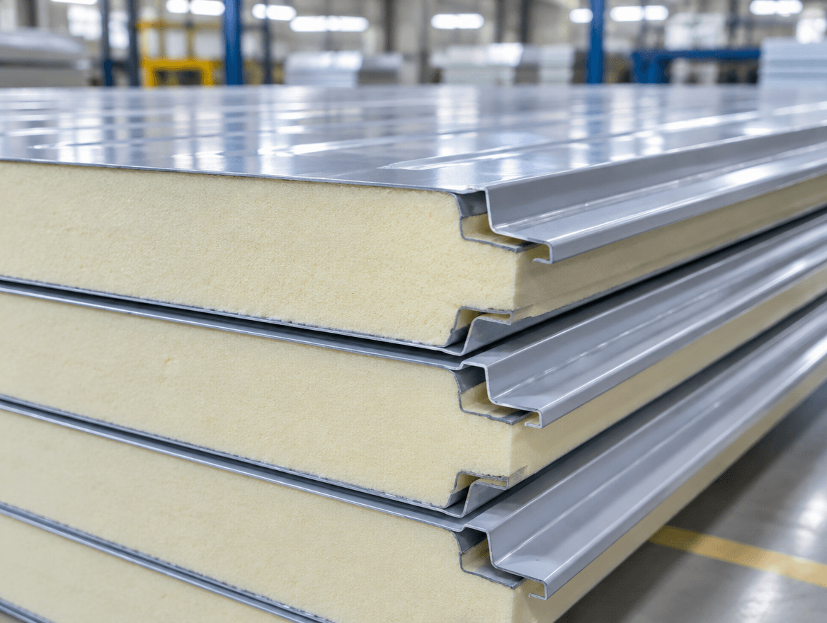 Insulated PUF sandwich panels stacked in a factory, foam core between steel skins