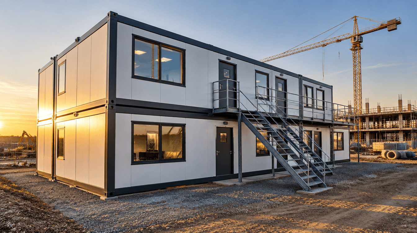 Two-storey modular site office complex on a construction site at golden hour